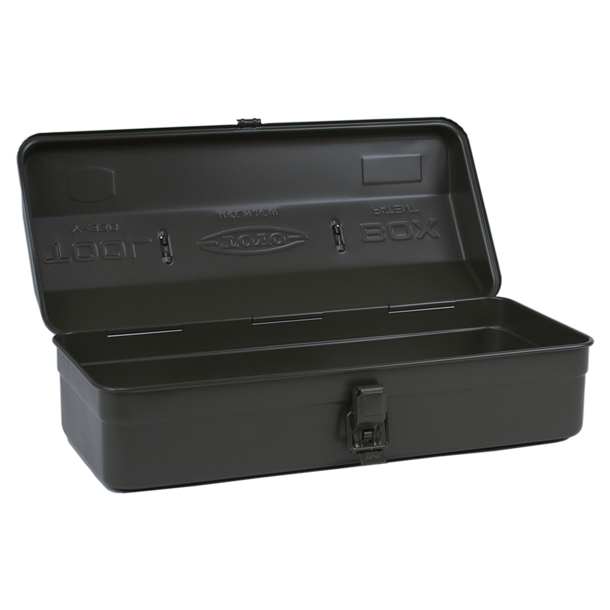 Toyo Steel Y-350 Moss Green. Open lid reveals a spacious interior with a moss green steel finish, featuring a round handle and camber-top design. 1.3kg.