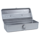 Toyo Steel Y-350 Glossy Silver. Open lid reveals a spacious interior with a glossy silver steel finish, featuring a round handle and camber-top design. 1.3kg.